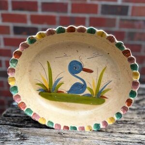 Vntg Hand Painted Mexican Pottery Tlaquepaque Folk Art Scalloped Oval Duck Bowl